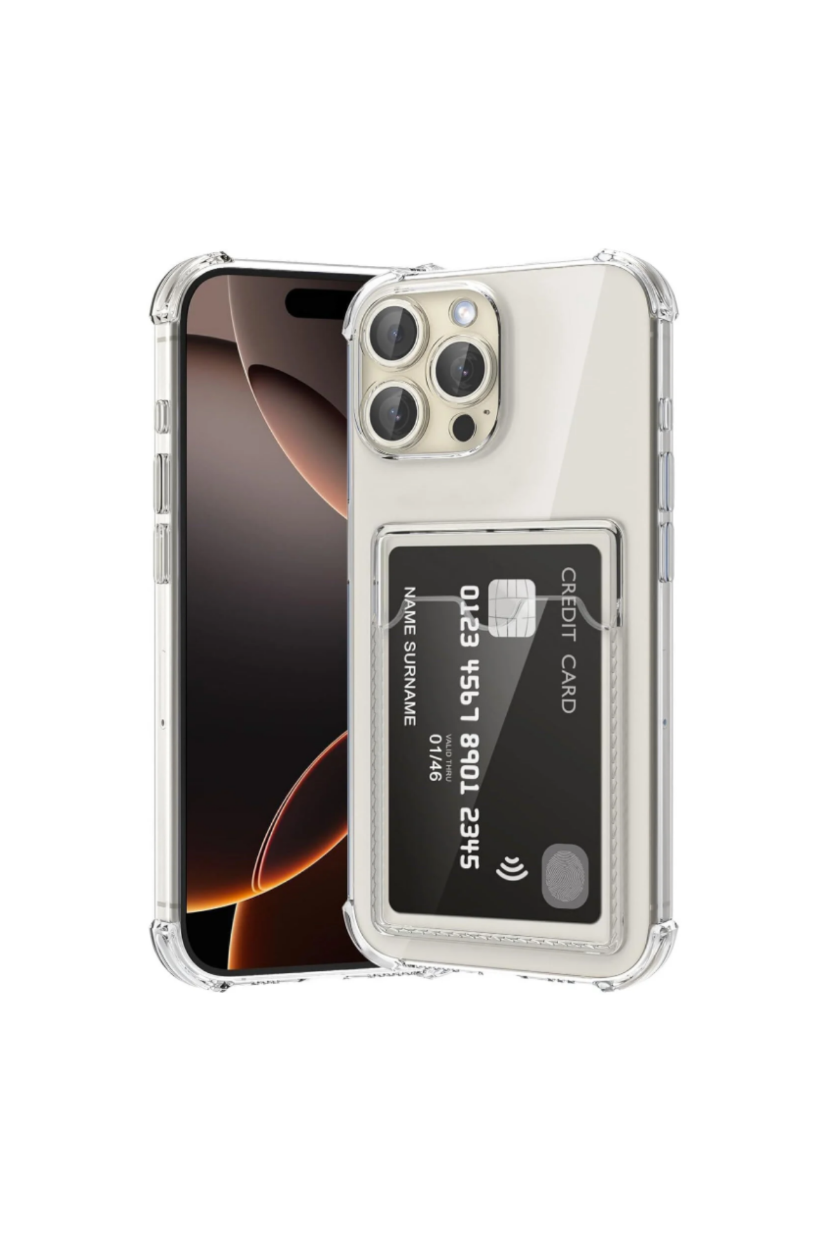 Apple iPhone 16 Pro Max Kapak ile Uyumlu  Kartlıklı Darbe Emici Özellikli Şeffaf Silikon Kılıf
