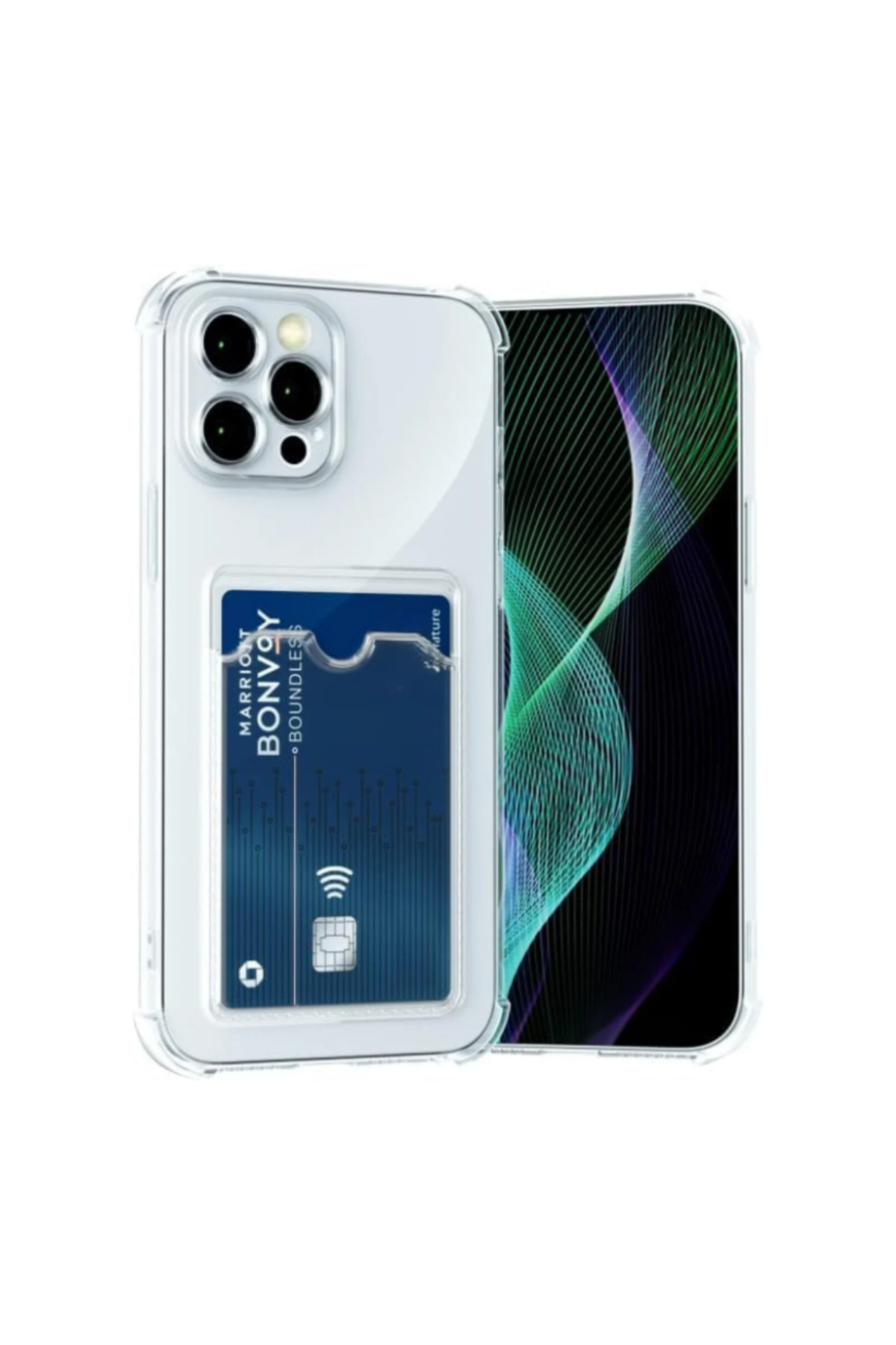 Apple iPhone 15 Pro Max Kapak Kamera Korumalı Kartlıklı Darbe Emici Özellikli Şeffaf Silikon Kılıf