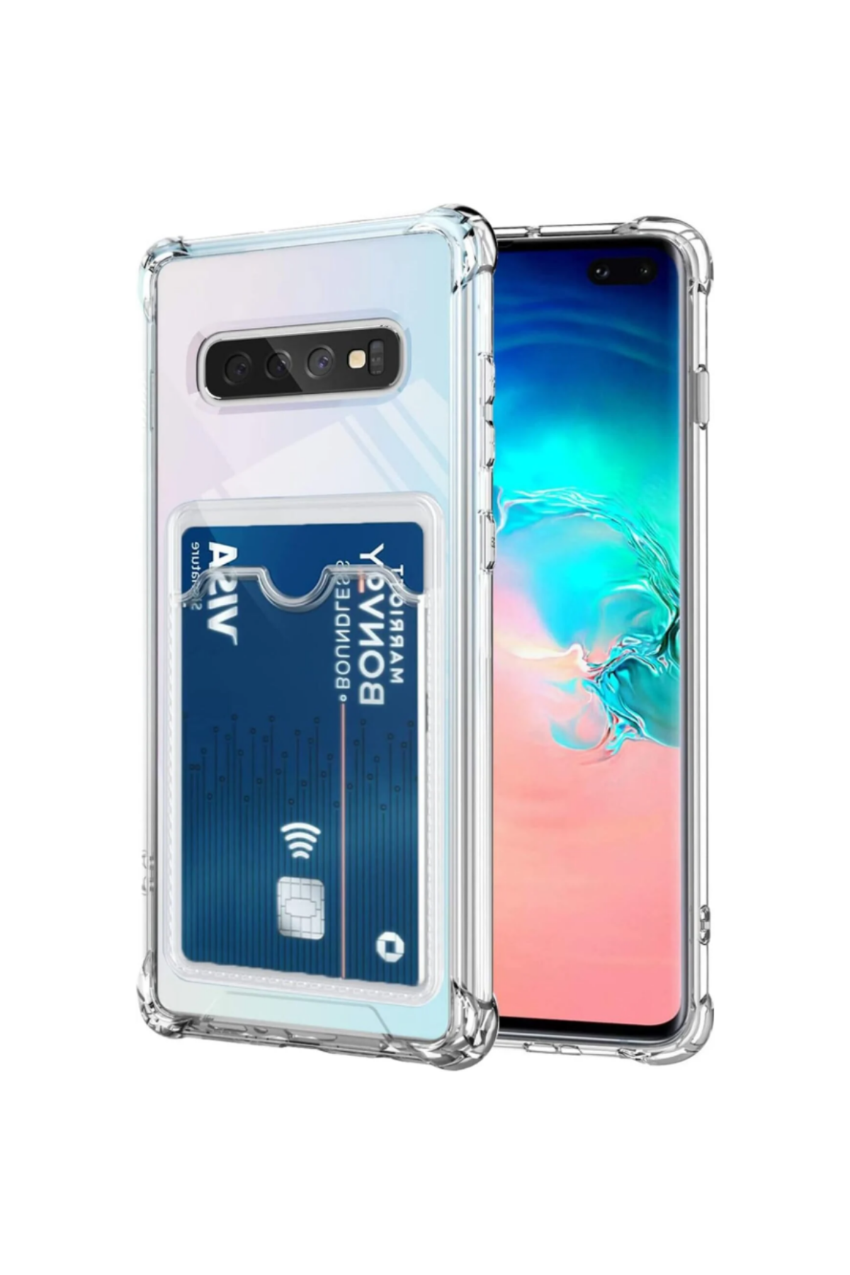 Samsung Galaxy S10 Kapak Kamera Korumalı Kartlıklı Darbe Emici Özellikli Şeffaf Silikon Kılıf