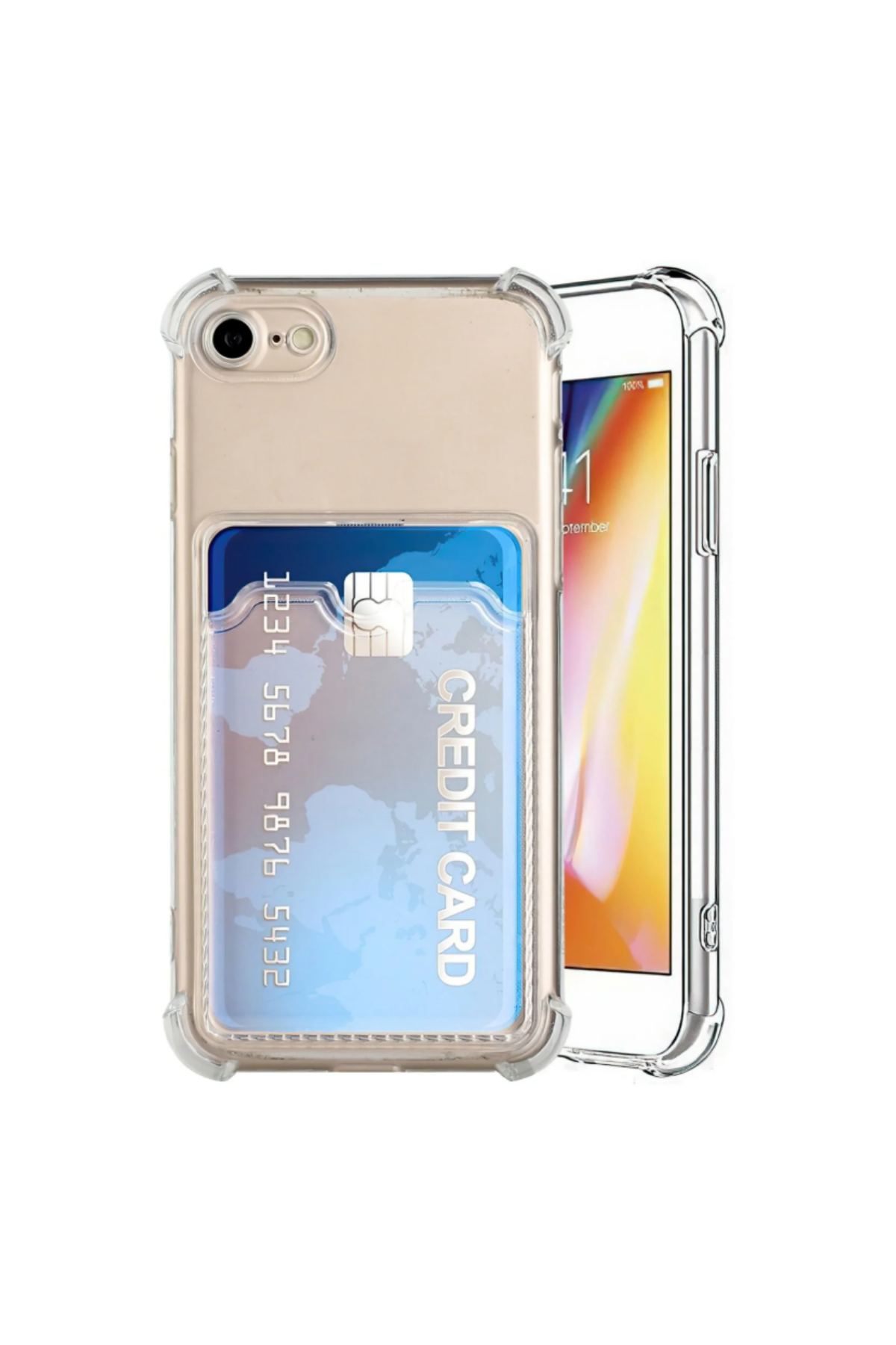 Apple iPhone 8 Kapak Kamera Korumalı Kartlıklı Darbe Emici Özellikli Şeffaf Silikon Kılıf